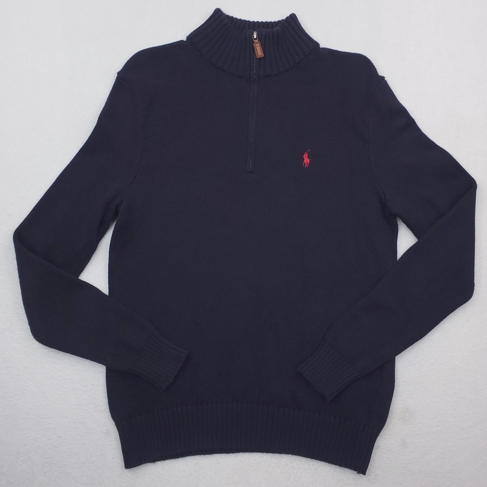 Vintage Polo Ralph Lauren Quarter Zip Pullover Men Medium Navy Mock Sweater Pony